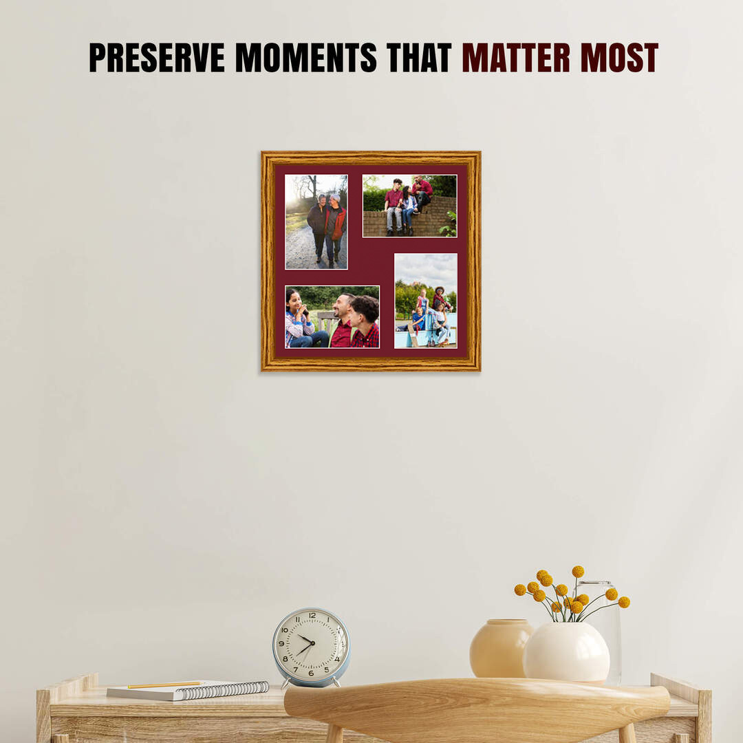 12x12" Oak Classic Multi Aperture Photo Frame Holds 6x4" (x4) Photos With Burgundy Mount | Modern Collage Frame thumbnail 2