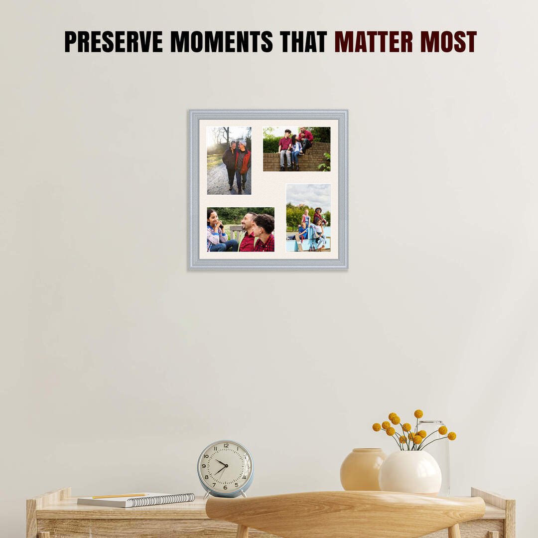 12x12" Silver Classic Multi Aperture Photo Frame Holds 6x4" (x4) Photos With Antique White Mount | Modern Collage Frame thumbnail 2