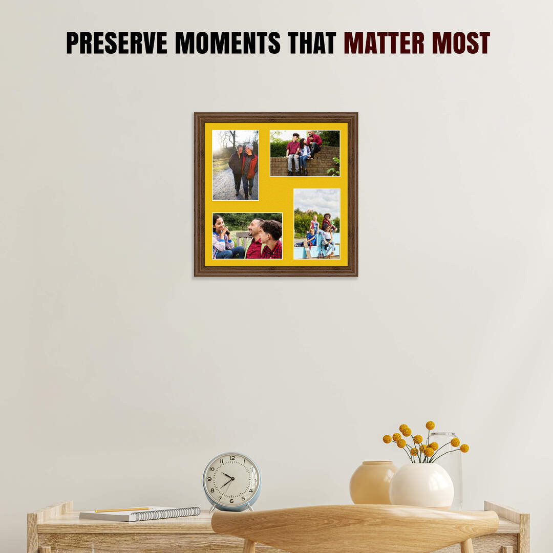 12x12" Walnut Classic Multi Aperture Photo Frame Holds 6x4" (x4) Photos With Bright Yellow Mount | Modern Collage Frame thumbnail 2