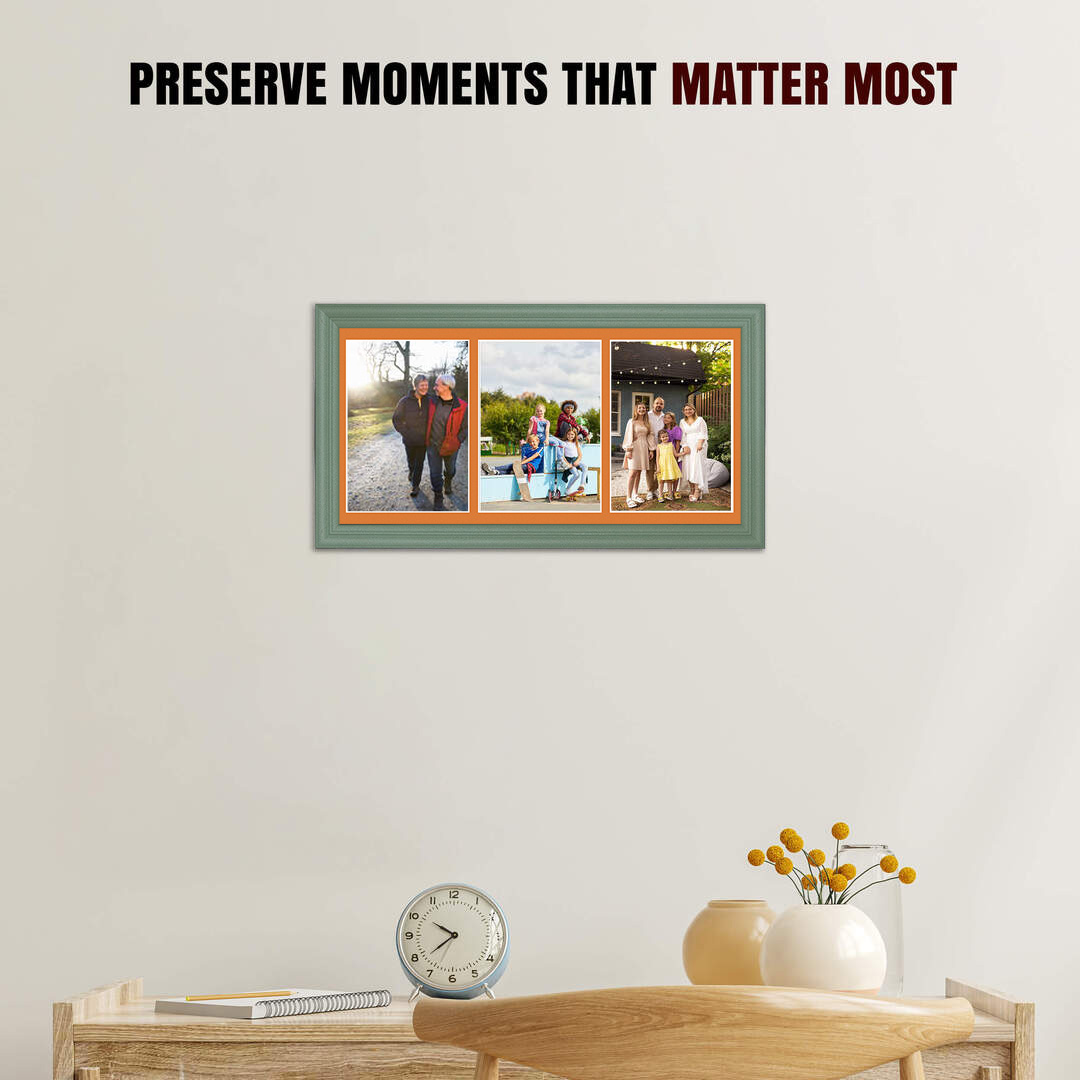 16x8" Green Classic Multi Aperture Photo Frame Holds 7x5" (x3) Photos With Burnt Orange Mount | Modern Collage Frame thumbnail 2