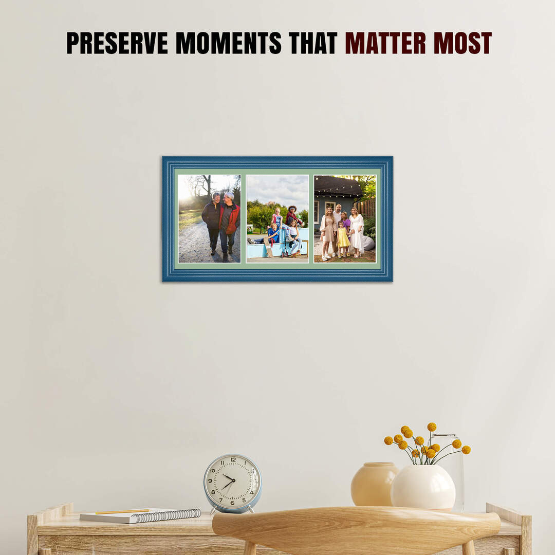 16x8" Navy Blue Classic Multi Aperture Photo Frame Holds 7x5" (x3) Photos With Sage Green Mount | Modern Collage Frame thumbnail 2