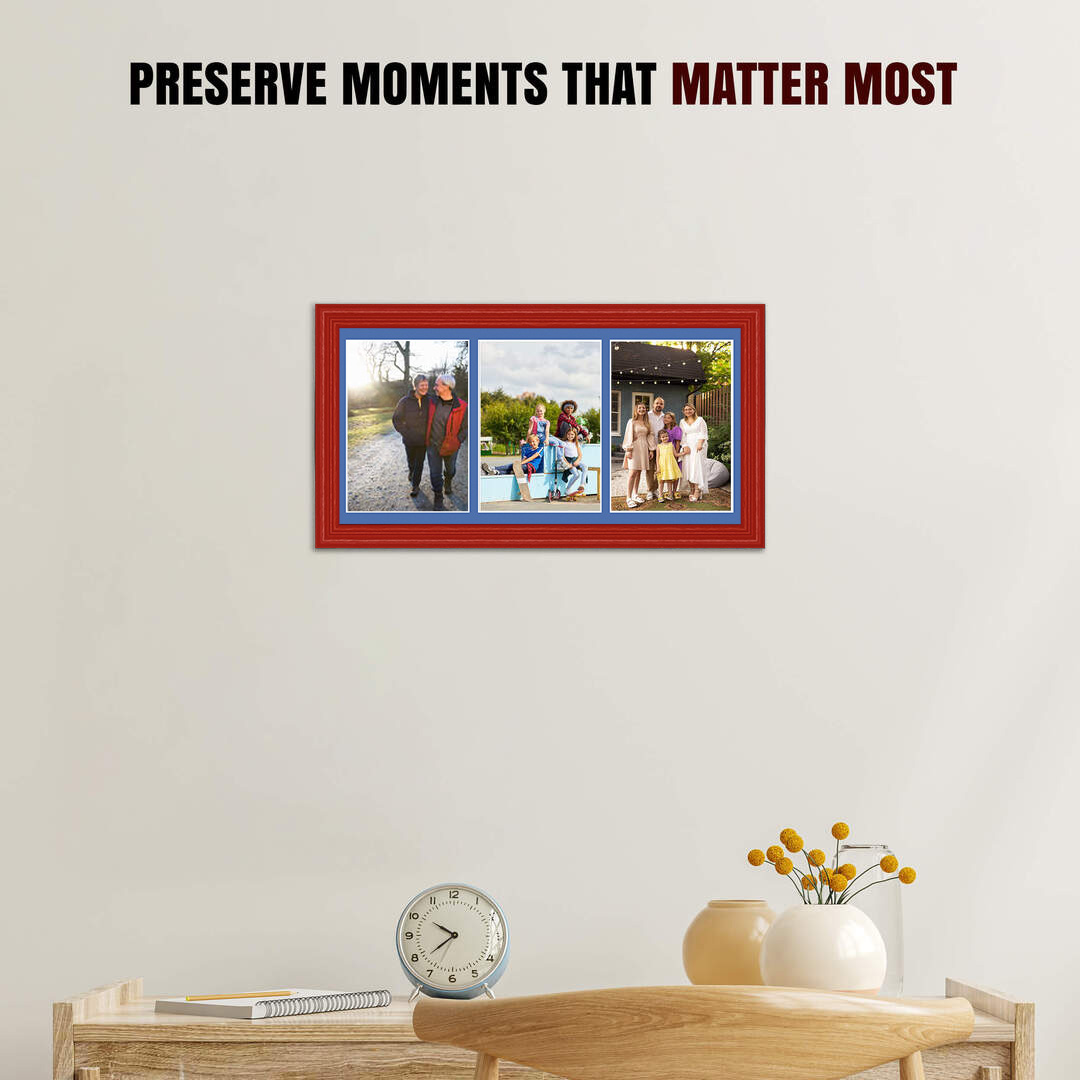 16x8" Red Classic Multi Aperture Photo Frame Holds 7x5" (x3) Photos With Pacific Blue Mount | Modern Collage Frame thumbnail 2