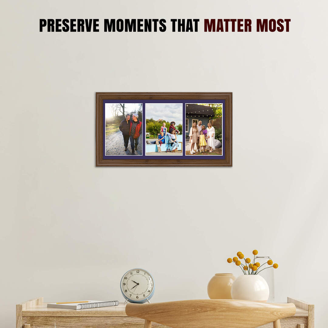 16x8" Walnut Classic Multi Aperture Photo Frame Holds 7x5" (x3) Photos With Damson Mount | Modern Collage Frame thumbnail 2
