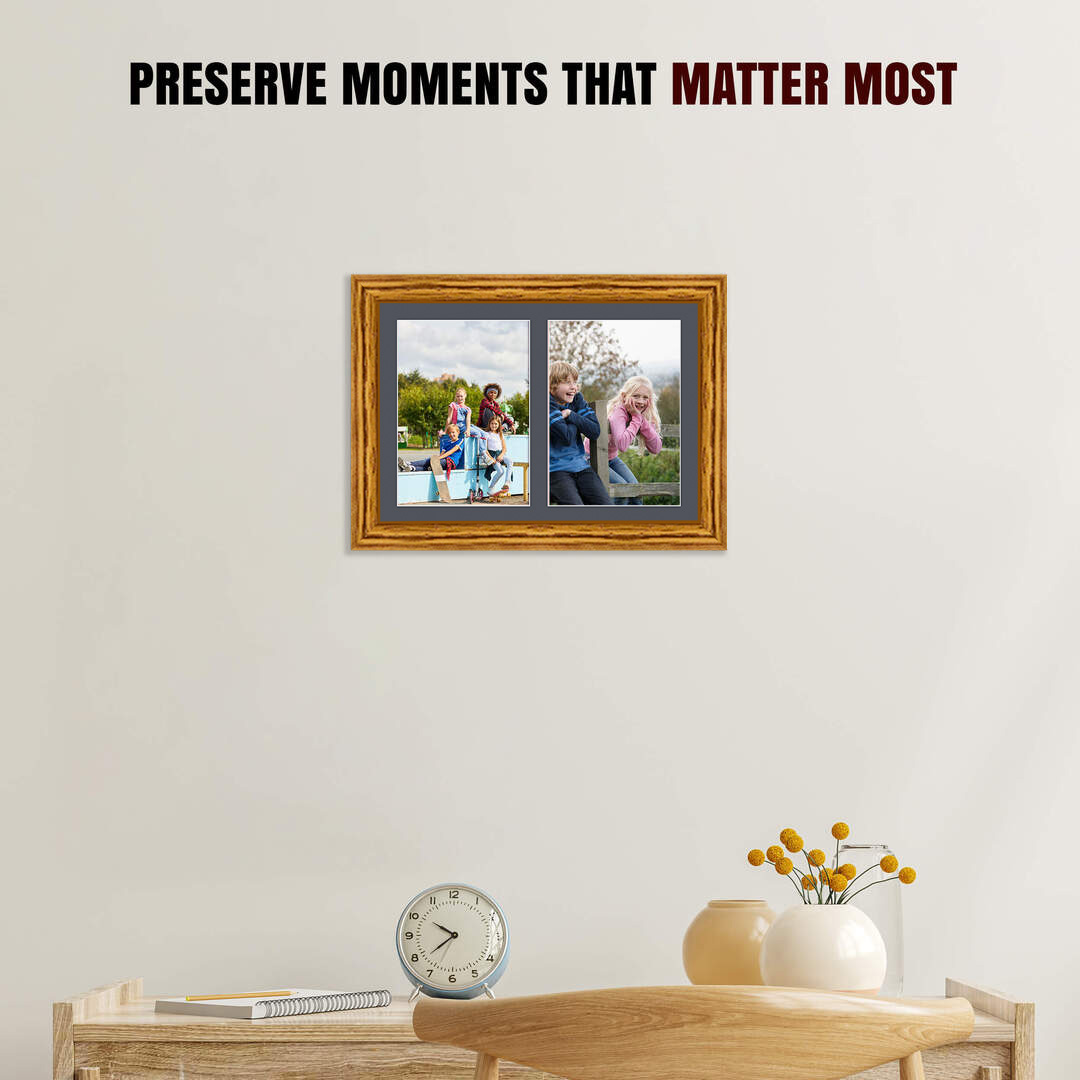 20x14" Oak Classic Multi Aperture Photo Frame Holds A4 (x2) Photos With Charcoal Grey Mount | Modern Collage Frame thumbnail 2