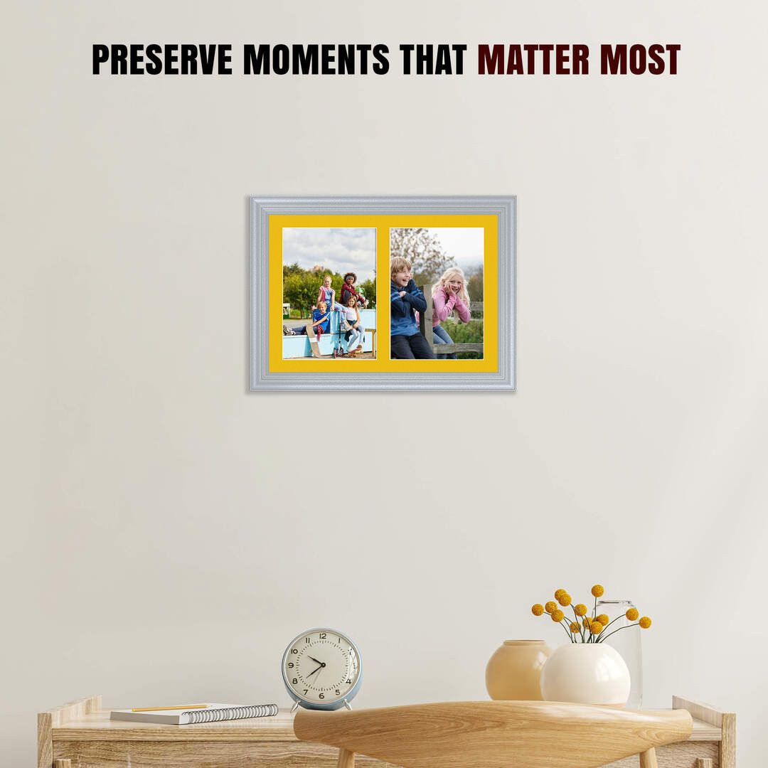 20x14" Silver Classic Multi Aperture Photo Frame Holds A4 (x2) Photos With Bright Yellow Mount | Modern Collage Frame thumbnail 2