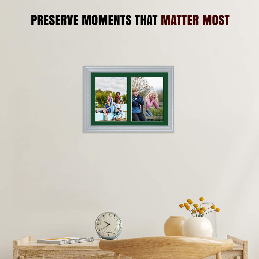 20x14" Silver Classic Multi Aperture Photo Frame Holds A4 (x2) Photos With Forest Green Mount | Modern Collage Frame thumbnail 2