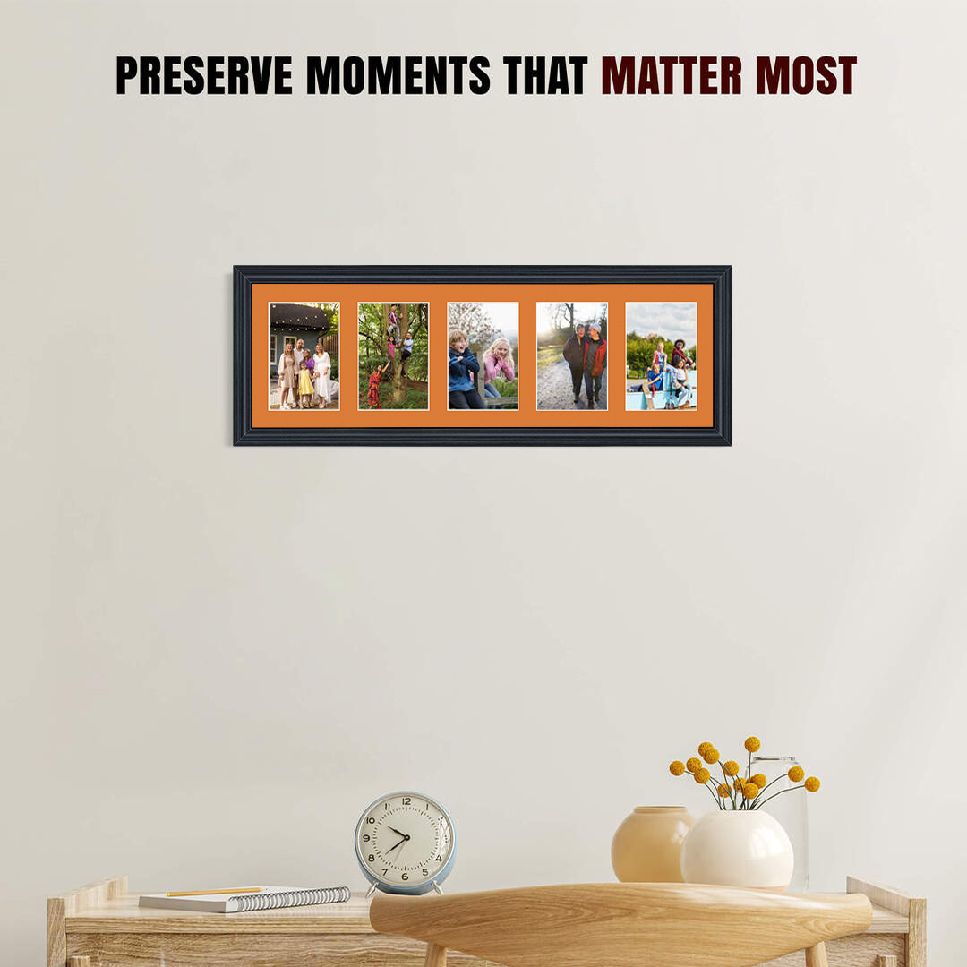 26x8" Black Classic Multi Aperture Photo Frame Holds 6x4" (x5) Photos With Burnt Orange Mount | Modern Collage Frame thumbnail 2