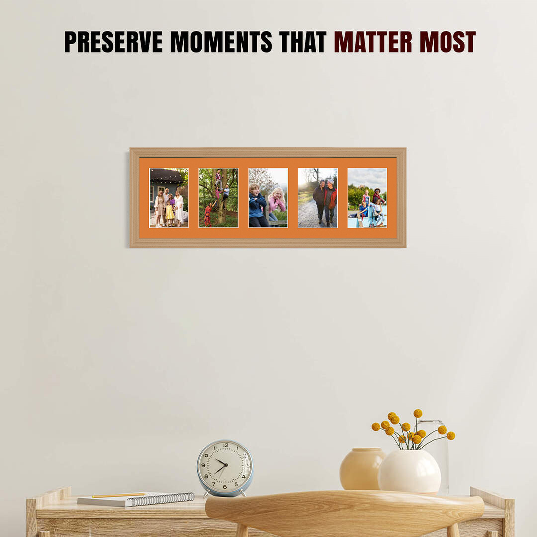 26x8" Country Pine Classic Multi Aperture Photo Frame Holds 6x4" (x5) Photos With Burnt Orange Mount | Modern Collage Frame thumbnail 2