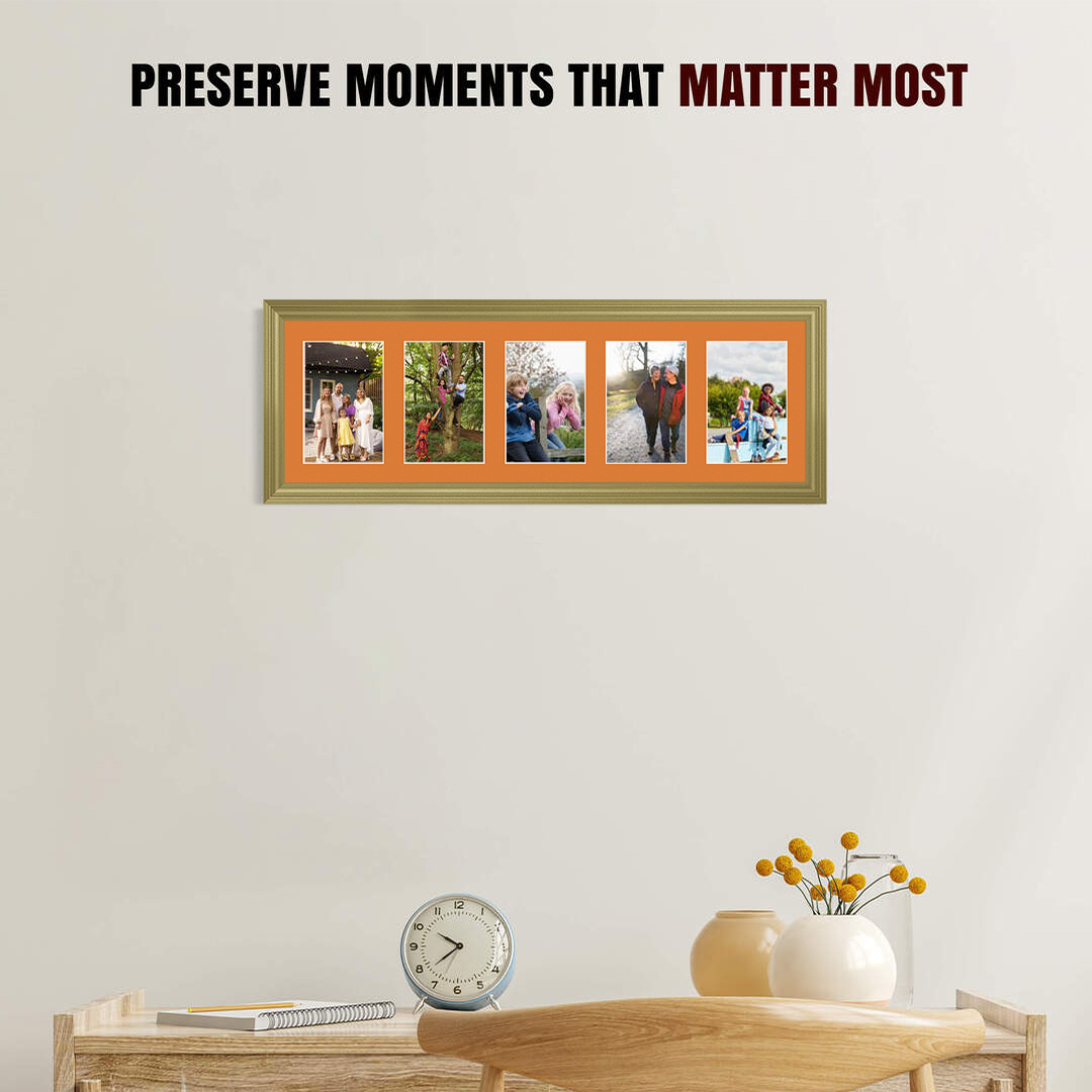 26x8" Gold Classic Multi Aperture Photo Frame Holds 6x4" (x5) Photos With Burnt Orange Mount | Modern Collage Frame thumbnail 2