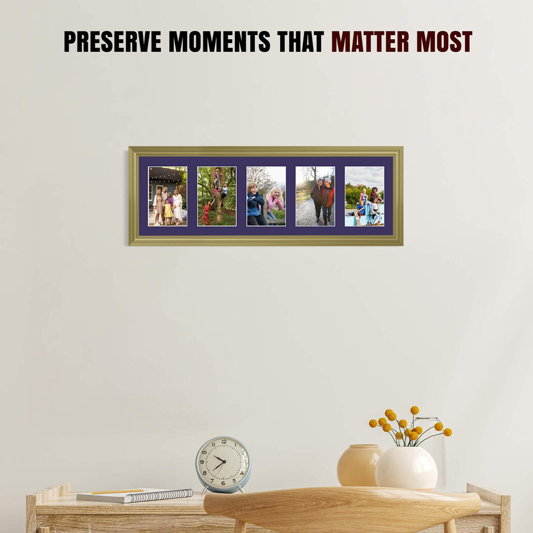 26x8" Classic Gold Multi Aperture Photo Frame - Fits 6x4" (x5) Photos | Collage Frame thumbnail 2