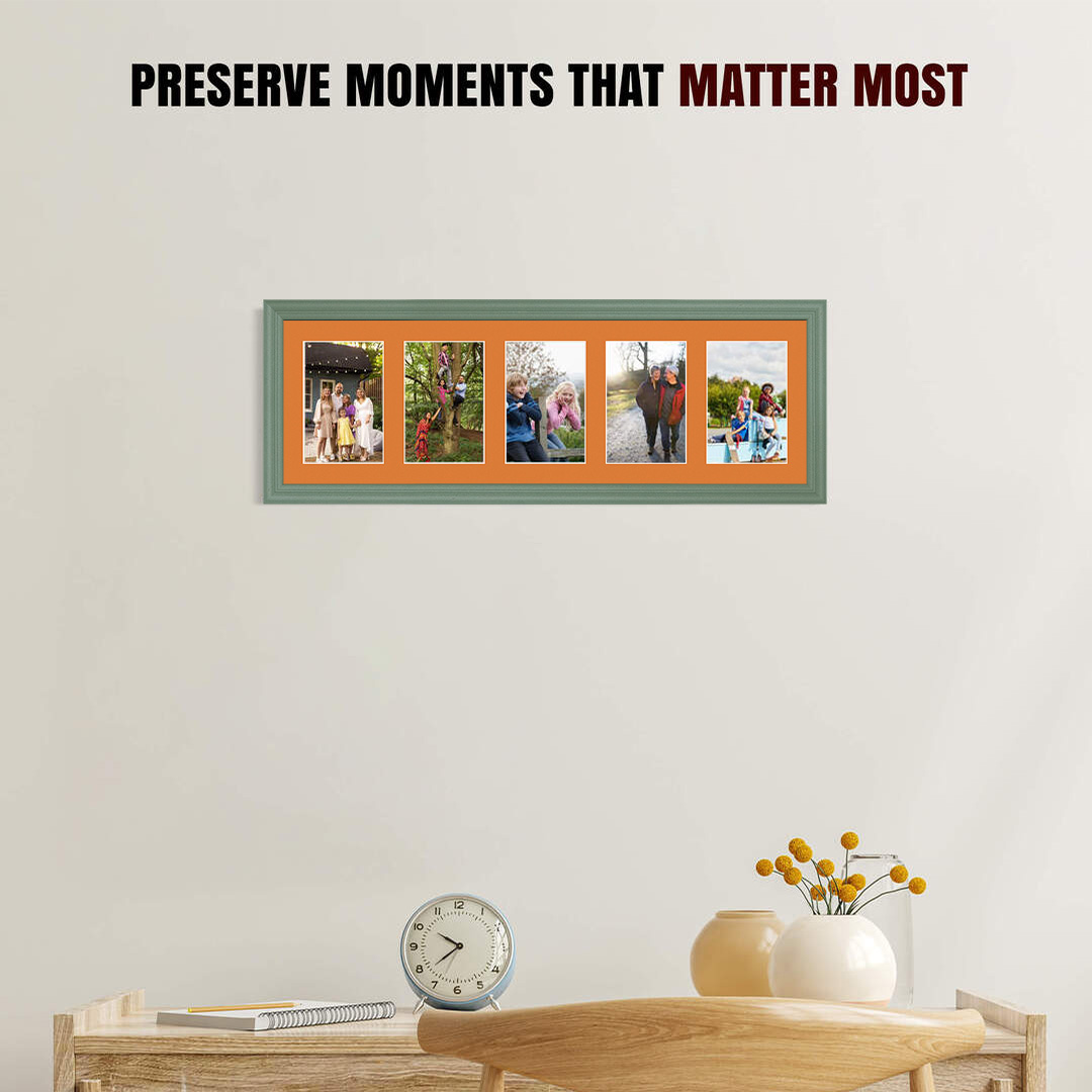 26x8" Green Classic Multi Aperture Photo Frame Holds 6x4" (x5) Photos With Burnt Orange Mount | Modern Collage Frame thumbnail 2