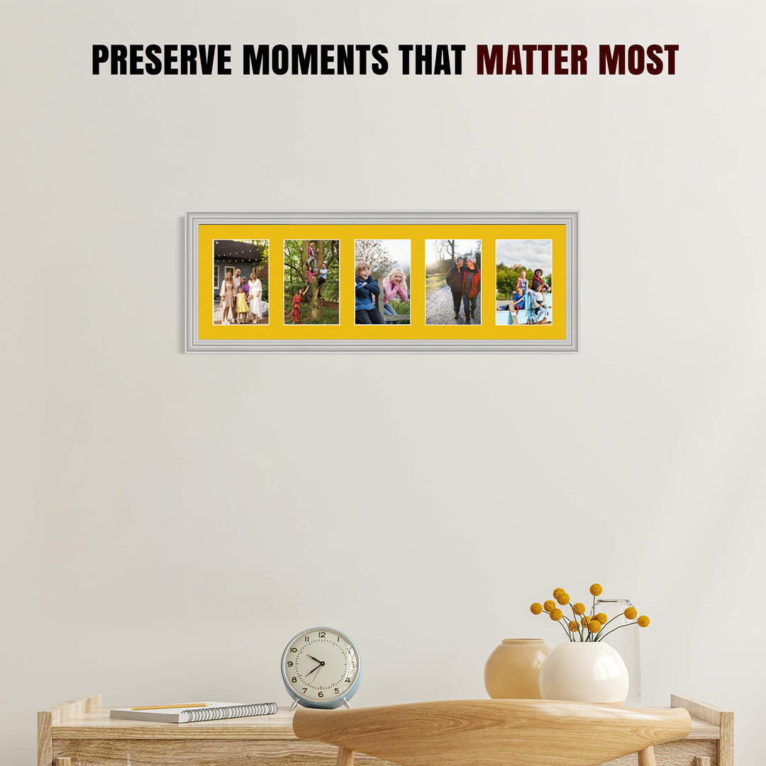 26x8" Light Grey Classic Multi Aperture Photo Frame Holds 6x4" (x5) Photos With Bright Yellow Mount | Modern Collage Frame thumbnail 2