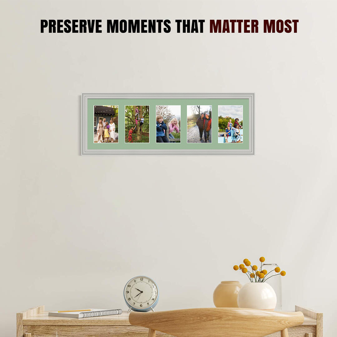 26x8" Light Grey Classic Multi Aperture Photo Frame Holds 6x4" (x5) Photos With Sage Green Mount | Modern Collage Frame thumbnail 2