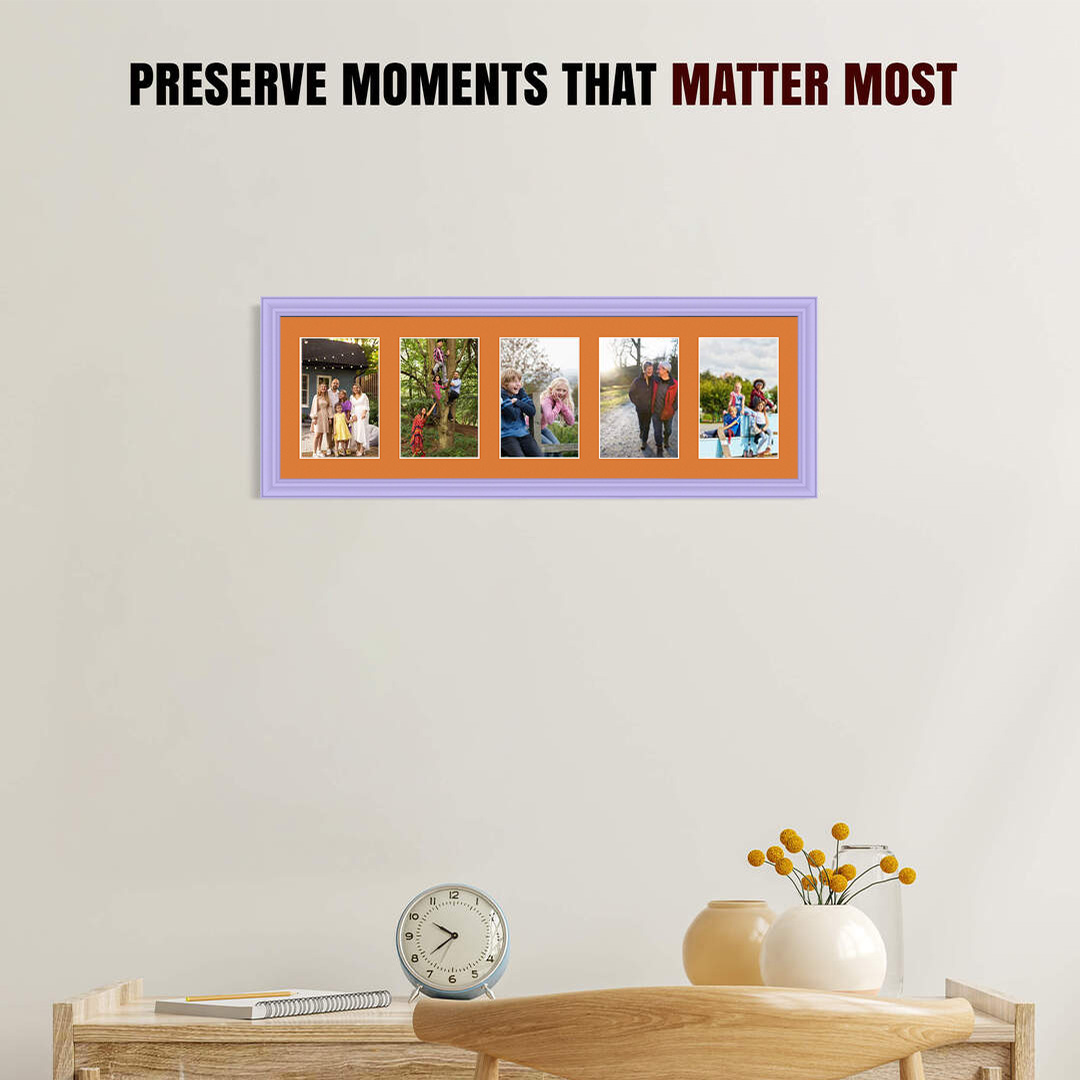 26x8" Purple Classic Multi Aperture Photo Frame Holds 6x4" (x5) Photos With Burnt Orange Mount | Modern Collage Frame thumbnail 2