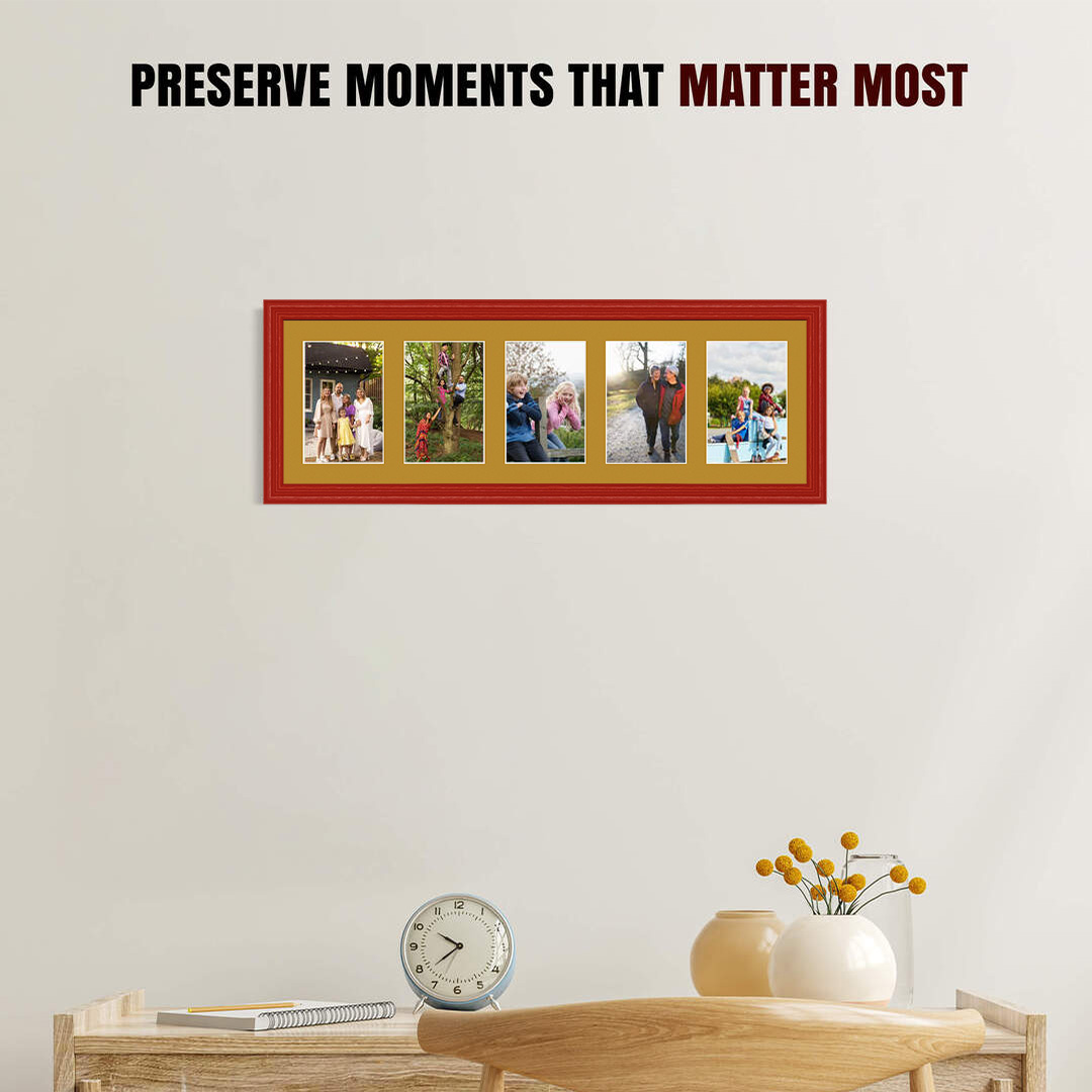 26x8" Red Classic Multi Aperture Photo Frame Holds 6x4" (x5) Photos With Antique Gold Mount | Modern Collage Frame thumbnail 2