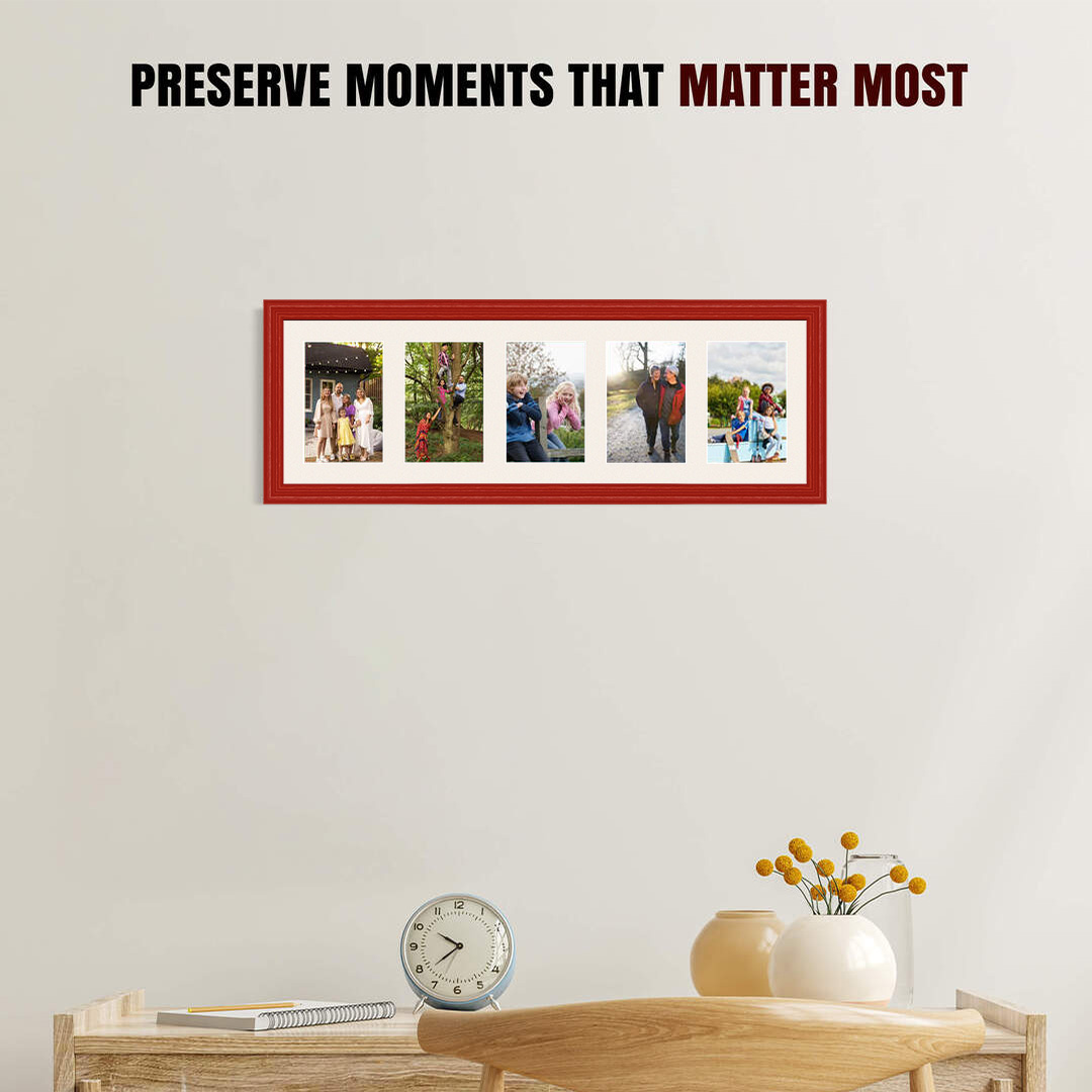 26x8" Red Classic Multi Aperture Photo Frame Holds 6x4" (x5) Photos With Antique White Mount | Modern Collage Frame thumbnail 2