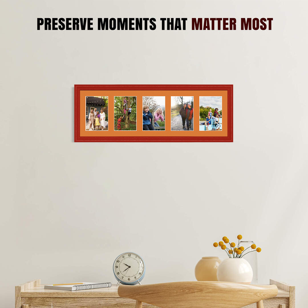 26x8" Red Classic Multi Aperture Photo Frame Holds 6x4" (x5) Photos With Burnt Orange Mount | Modern Collage Frame thumbnail 2