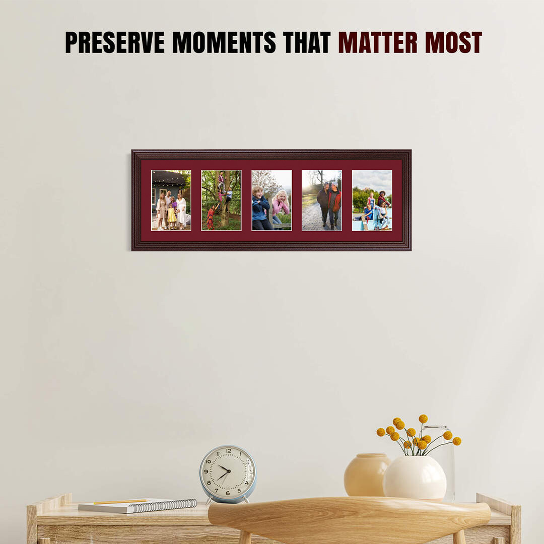 26x8" Classic Rose Wood Multi Aperture Photo Frame - Fits 6x4" (x5) Photos | Collage Frame thumbnail 2