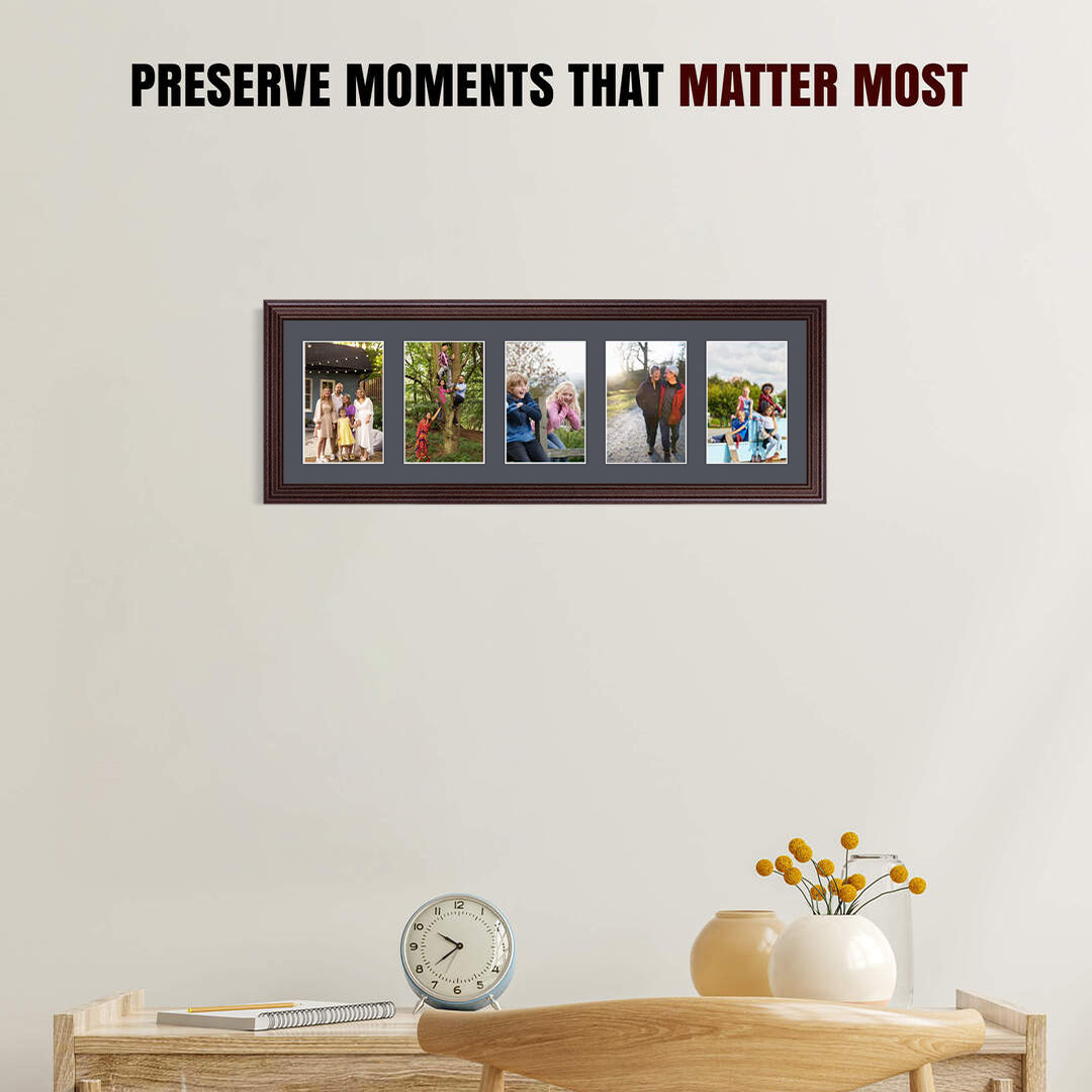26x8" Classic Rose Wood Multi Aperture Photo Frame - Fits 6x4" (x5) Photos | Collage Frame thumbnail 2