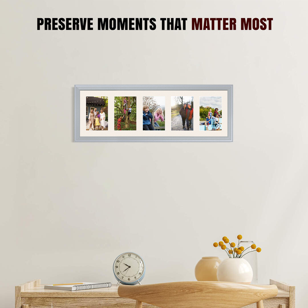 26x8" Silver Classic Multi Aperture Photo Frame Holds 6x4" (x5) Photos With Antique White Mount | Modern Collage Frame thumbnail 2