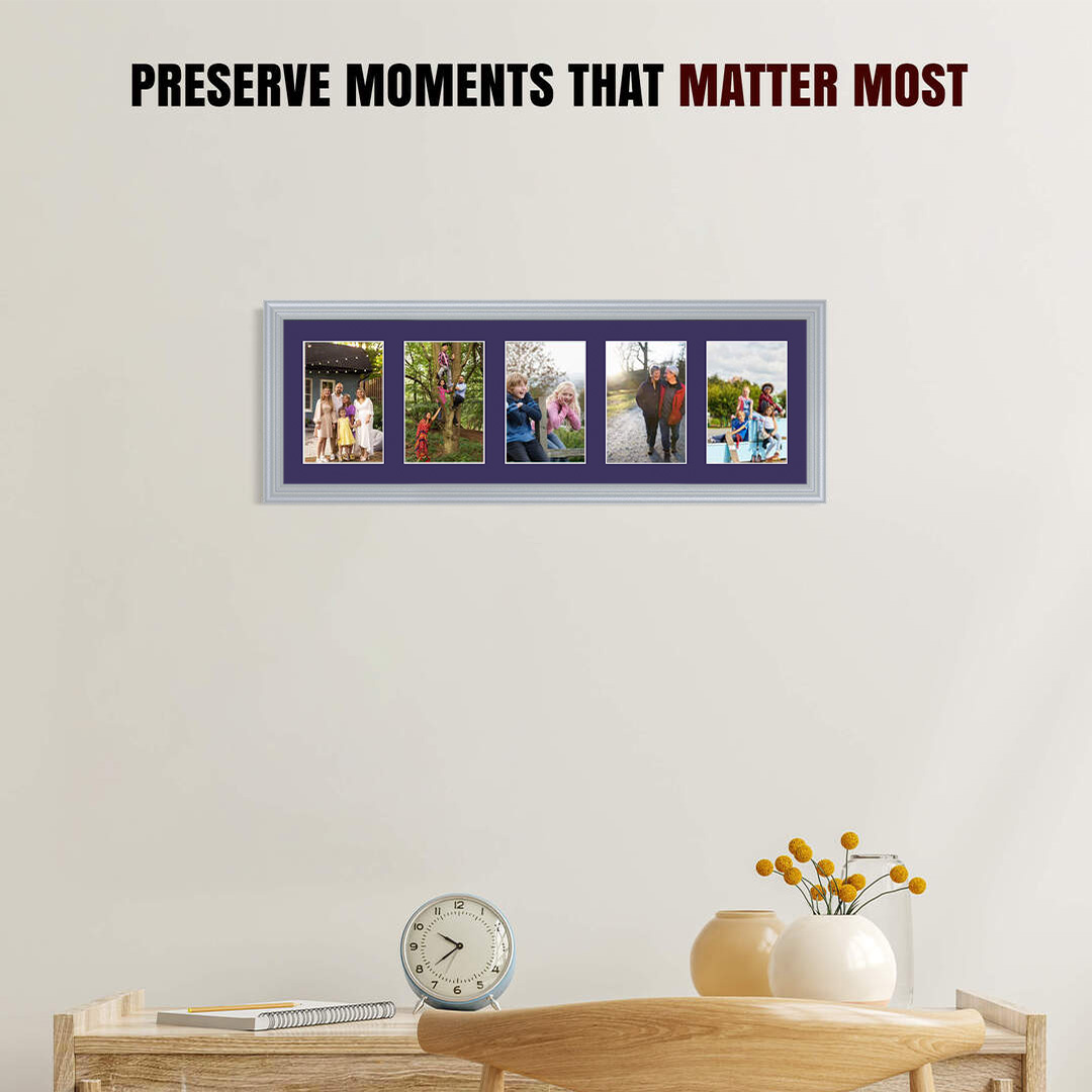26x8" Classic Silver Multi Aperture Photo Frame - Fits 6x4" (x5) Photos | Collage Frame thumbnail 2