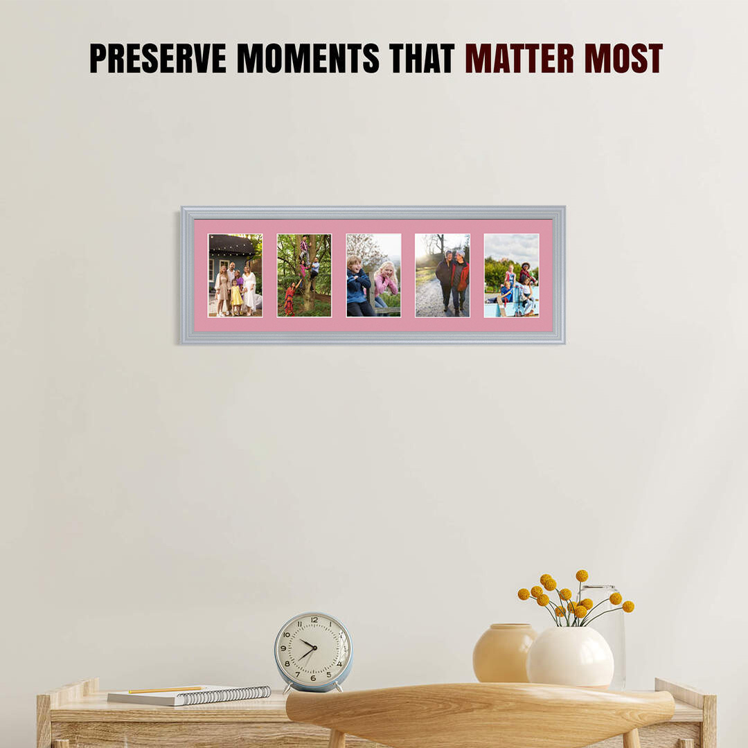 26x8" Silver Classic Multi Aperture Photo Frame Holds 6x4" (x5) Photos With Dusty Rose Mount | Modern Collage Frame thumbnail 2
