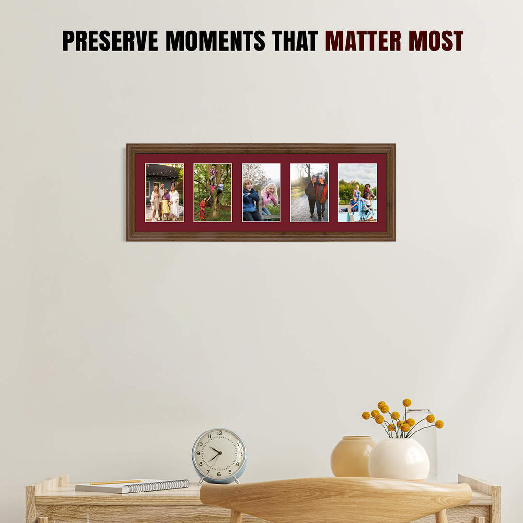 26x8" Classic Walnut Multi Aperture Photo Frame - Fits 6x4" (x5) Photos | Collage Frame thumbnail 2