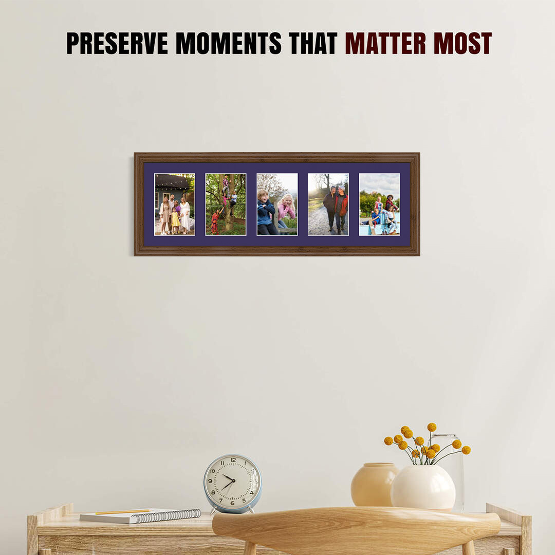 26x8" Classic Walnut Multi Aperture Photo Frame - Fits 6x4" (x5) Photos | Collage Frame thumbnail 2