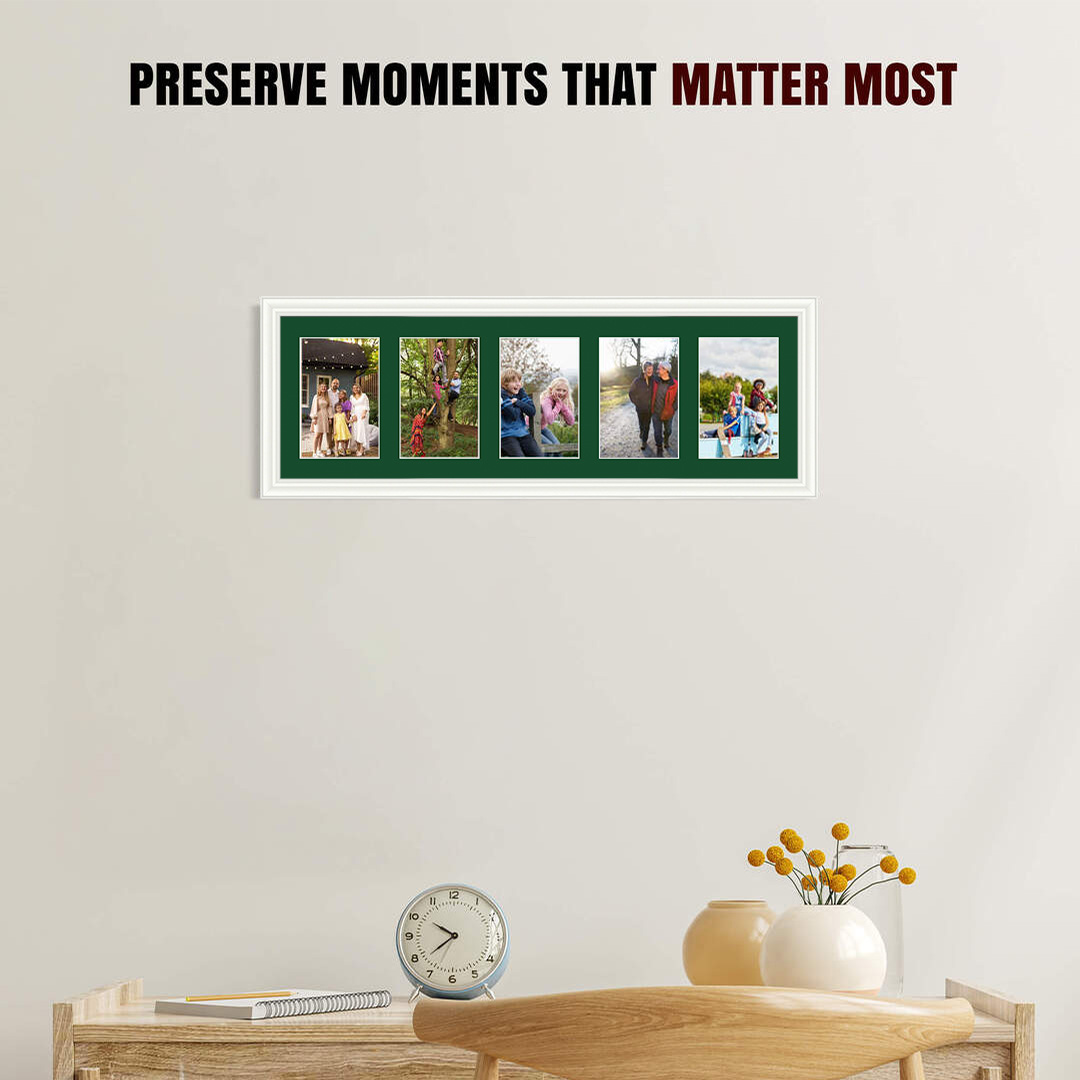 26x8" White Classic Multi Aperture Photo Frame Holds 6x4" (x5) Photos With Forest Green Mount | Modern Collage Frame thumbnail 2