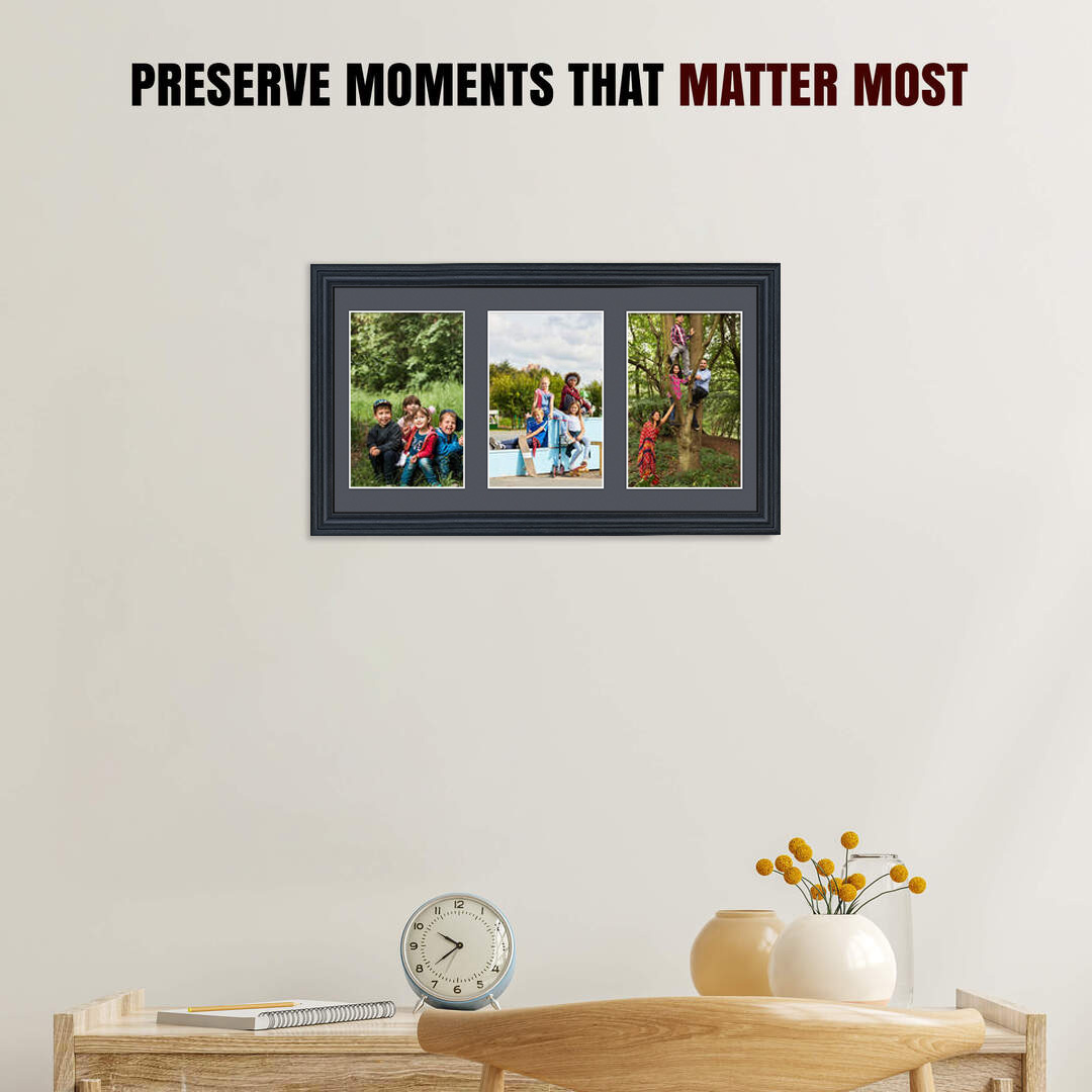 40x20cm Black Classic Multi Aperture Photo Frame Holds 6x4" (x3) Photos With Charcoal Grey Mount | Modern Collage Frame thumbnail 2