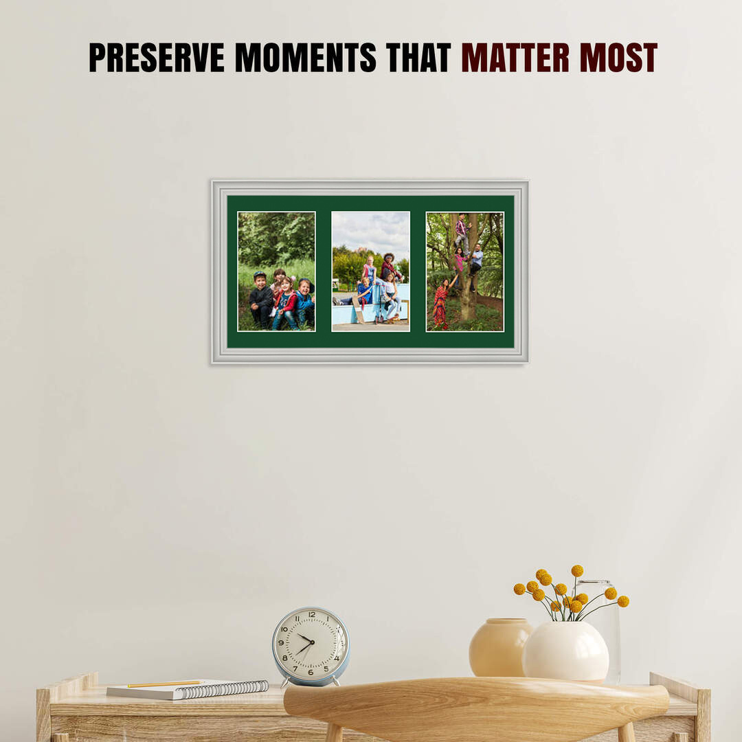 40x20cm Light Grey Classic Multi Aperture Photo Frame Holds 6x4" (x3) Photos With Forest Green Mount | Modern Collage Frame thumbnail 2