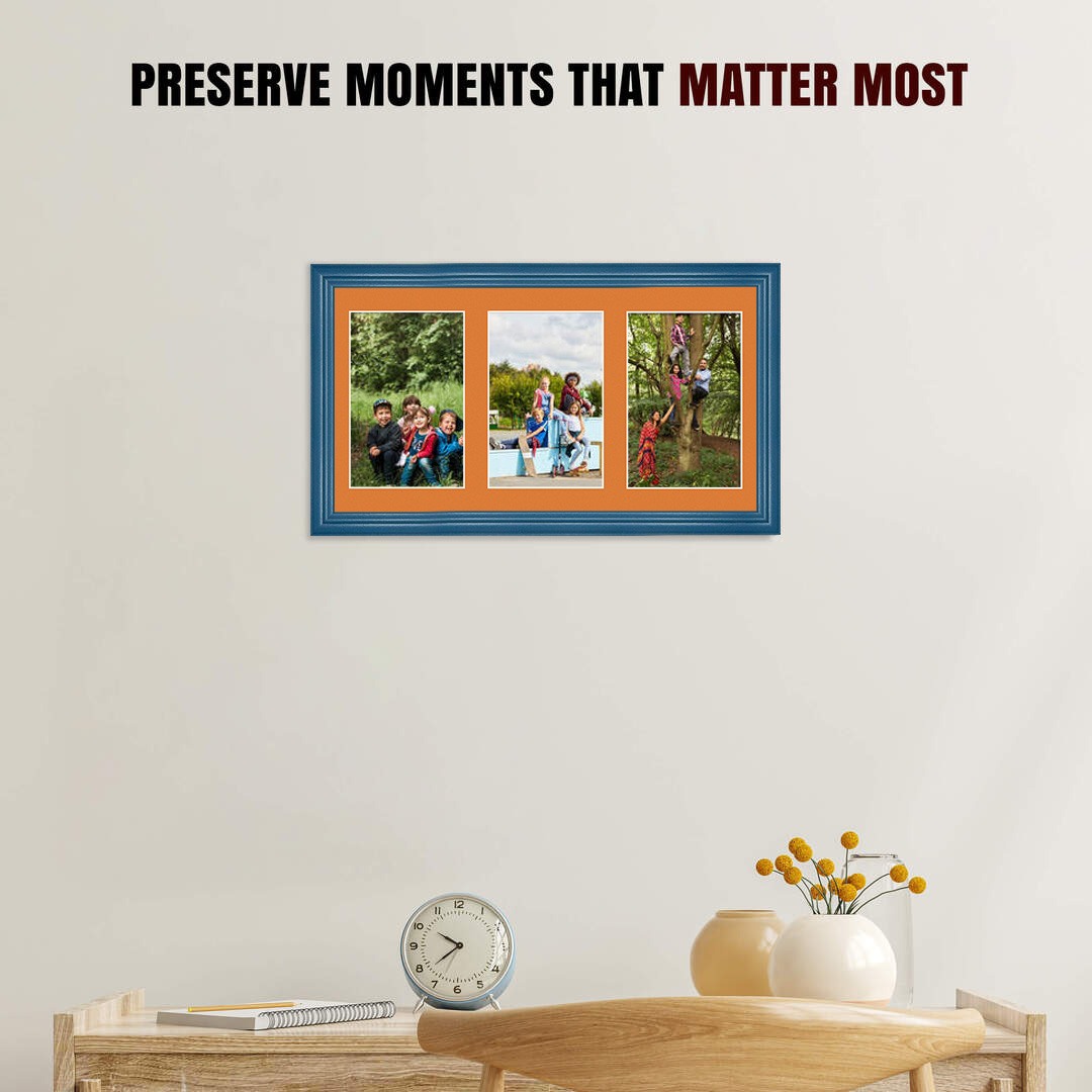 40x20cm Navy Blue Classic Multi Aperture Photo Frame Holds 6x4" (x3) Photos With Burnt Orange Mount | Modern Collage Frame thumbnail 2