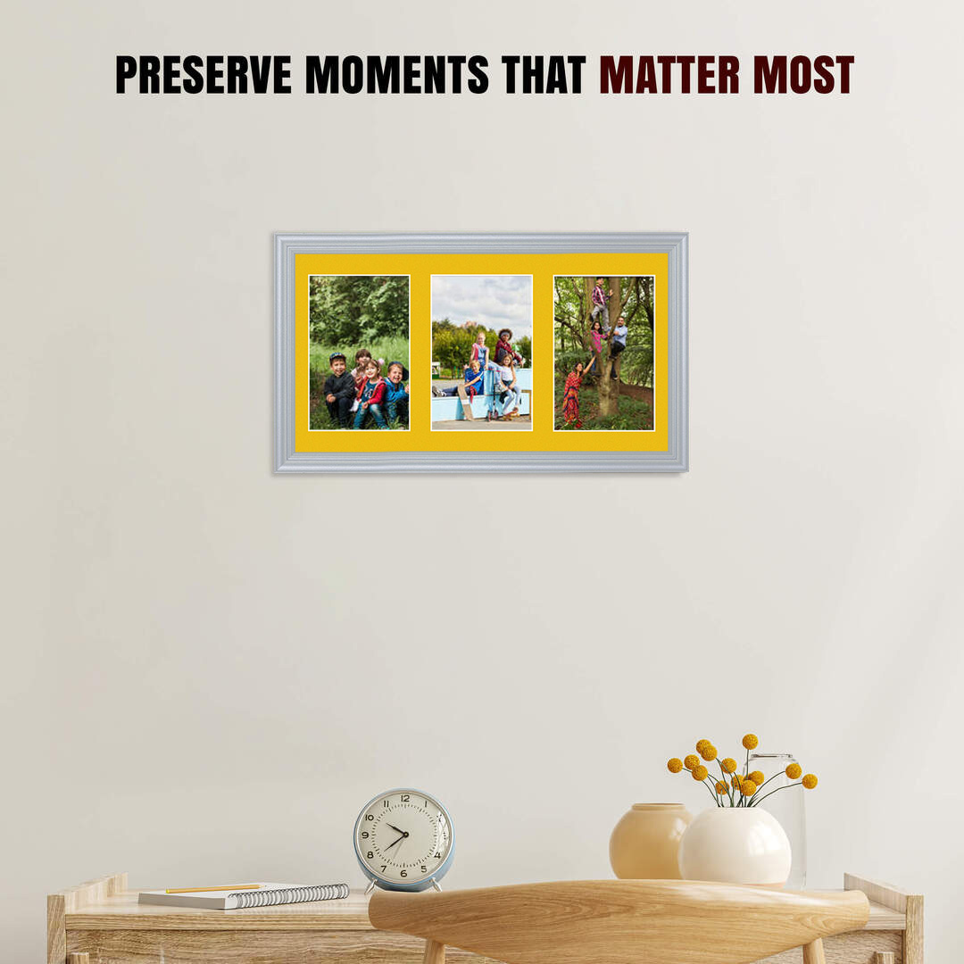 40x20cm Silver Classic Multi Aperture Photo Frame Holds 6x4" (x3) Photos With Bright Yellow Mount | Modern Collage Frame thumbnail 2