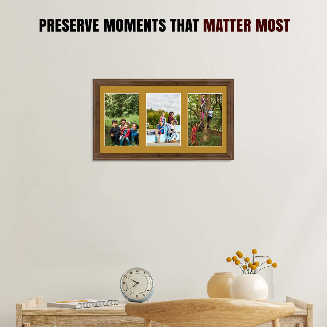 40x20cm Walnut Classic Multi Aperture Photo Frame Holds 6x4" (x3) Photos With Antique Gold Mount | Modern Collage Frame thumbnail 2