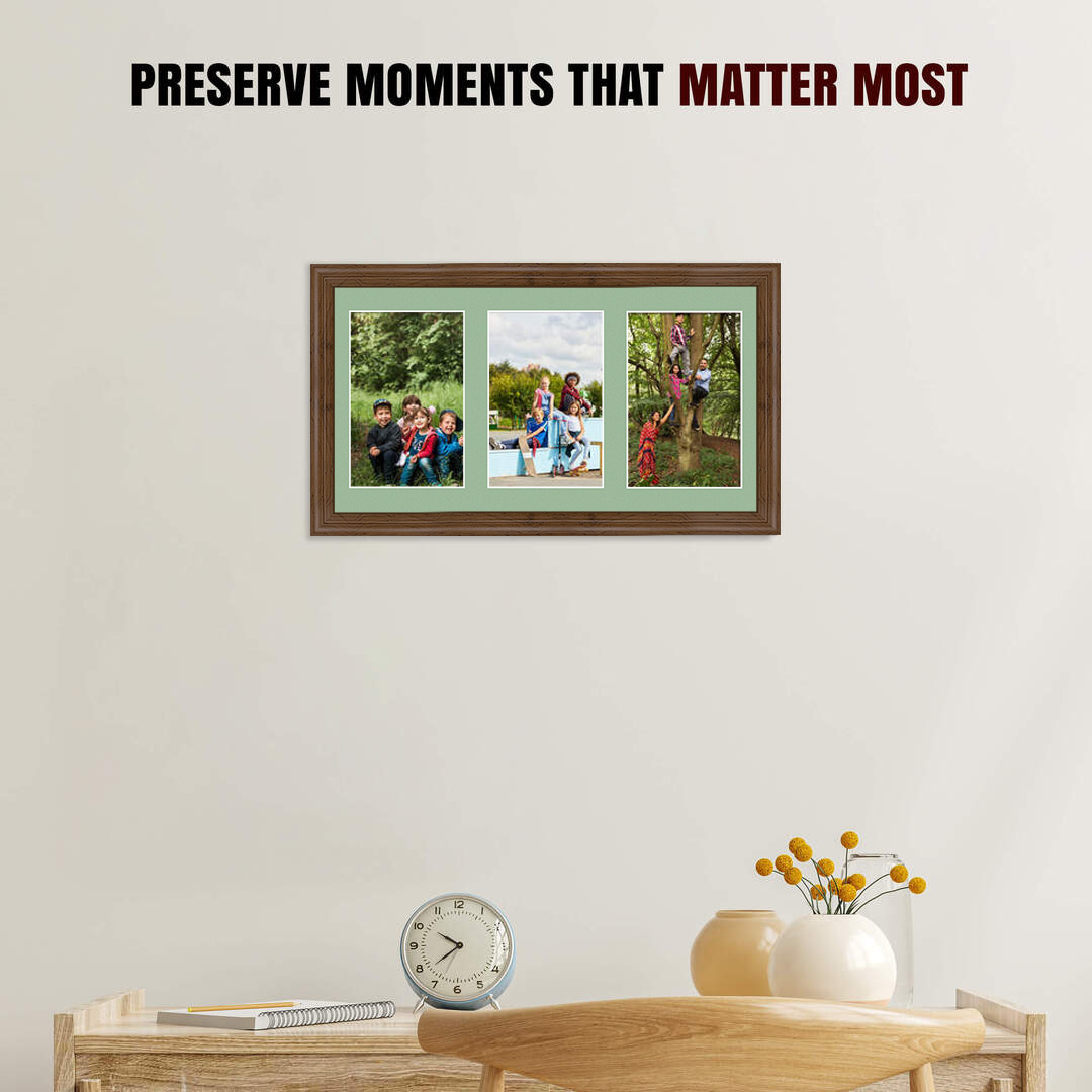 40x20cm Walnut Classic Multi Aperture Photo Frame Holds 6x4" (x3) Photos With Sage Green Mount | Modern Collage Frame thumbnail 2