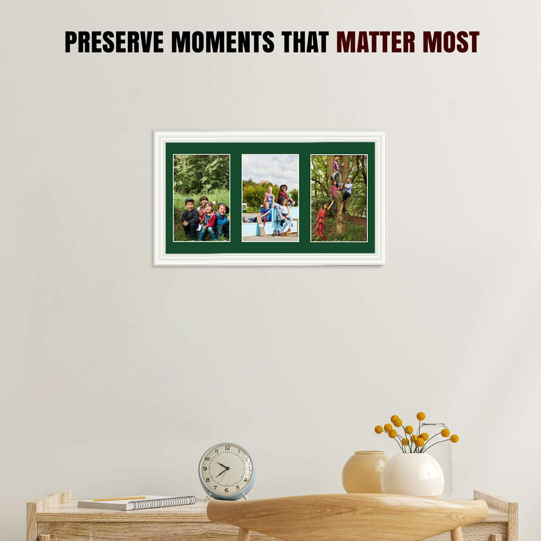 40x20cm White Classic Multi Aperture Photo Frame Holds 6x4" (x3) Photos With Forest Green Mount | Modern Collage Frame thumbnail 2