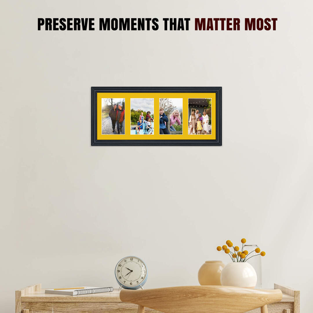 50x20cm Black Classic Multi Aperture Photo Frame Holds 6x4" (x4) Photos With Bright Yellow Mount | Modern Collage Frame thumbnail 2
