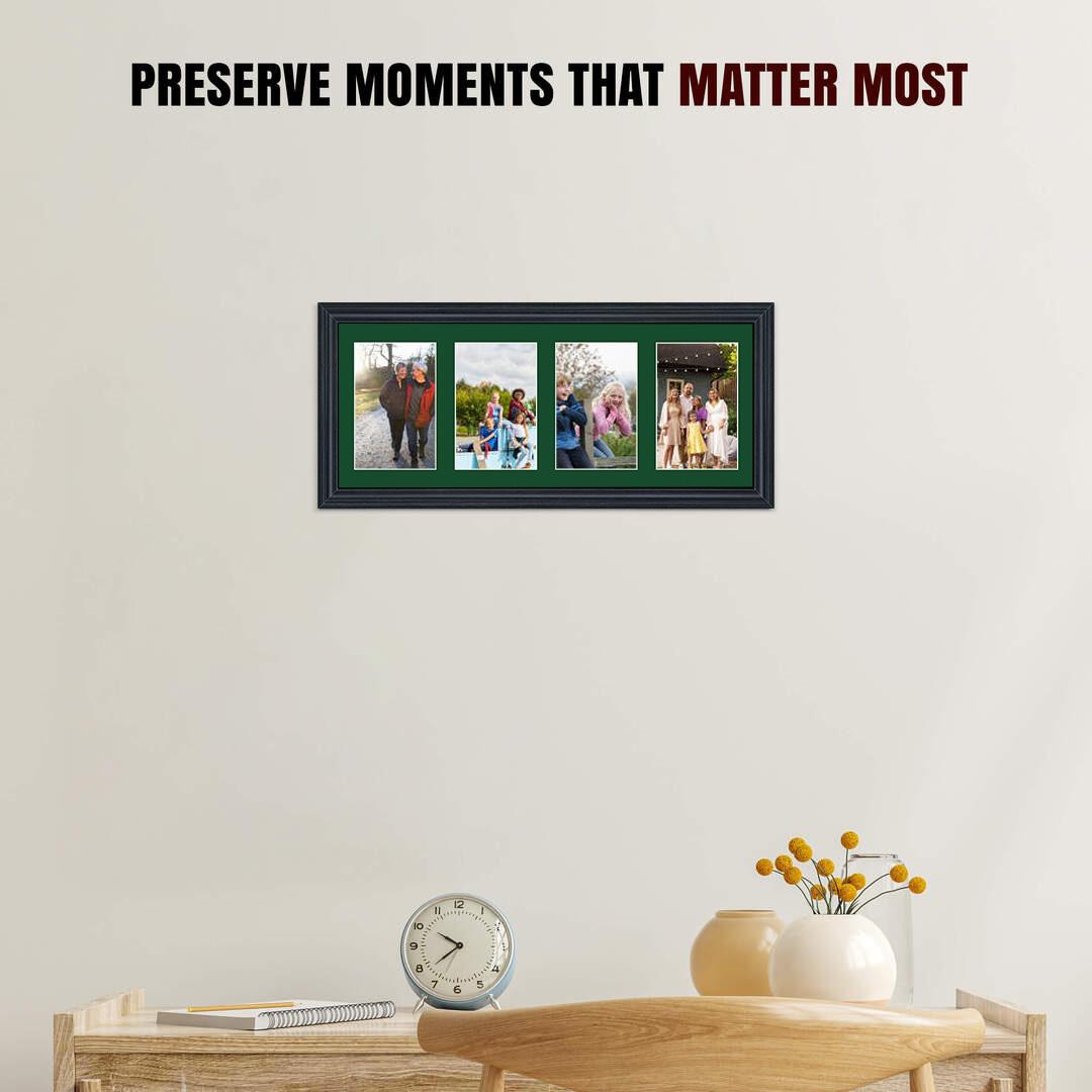 50x20cm Black Classic Multi Aperture Photo Frame Holds 6x4" (x4) Photos With Forest Green Mount | Modern Collage Frame thumbnail 2