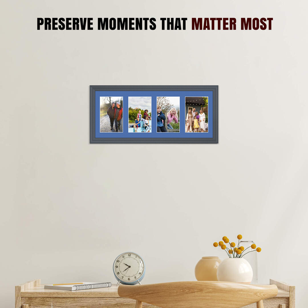 50x20cm Dark Grey Classic Multi Aperture Photo Frame Holds 6x4" (x4) Photos With Pacific Blue Mount | Modern Collage Frame thumbnail 2