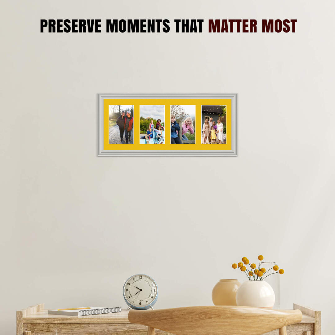 50x20cm Light Grey Classic Multi Aperture Photo Frame Holds 6x4" (x4) Photos With Bright Yellow Mount | Modern Collage Frame thumbnail 2