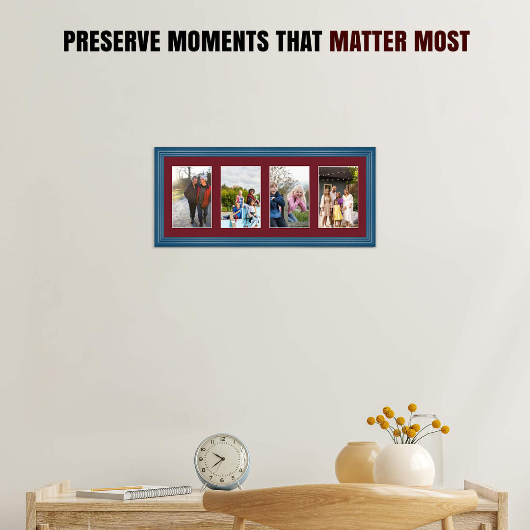 50x20cm Navy Blue Classic Multi Aperture Photo Frame Holds 6x4" (x4) Photos With Burgundy Mount | Modern Collage Frame thumbnail 2