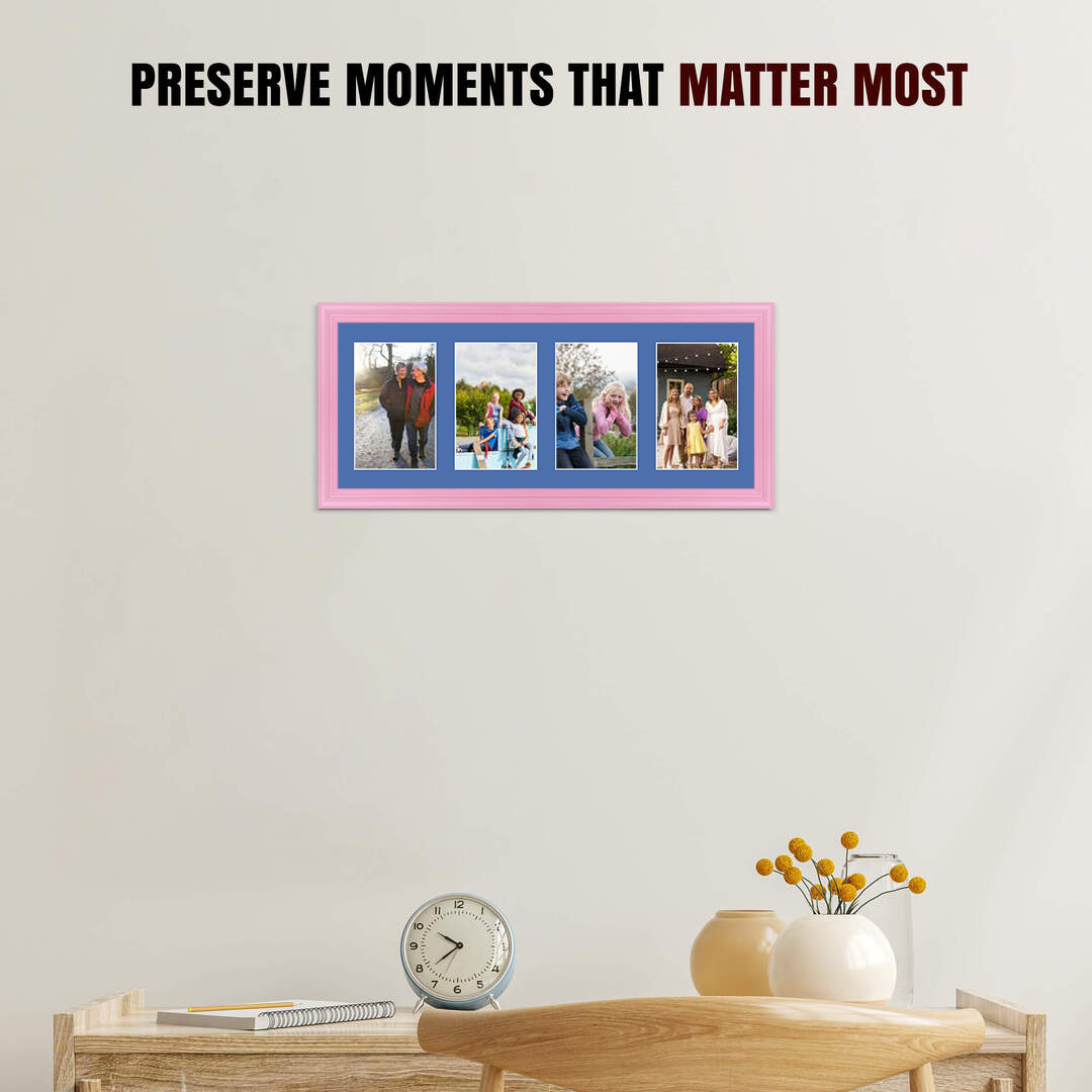 50x20cm Pastel Pink Classic Multi Aperture Photo Frame Holds 6x4" (x4) Photos With Pacific Blue Mount | Modern Collage Frame thumbnail 2