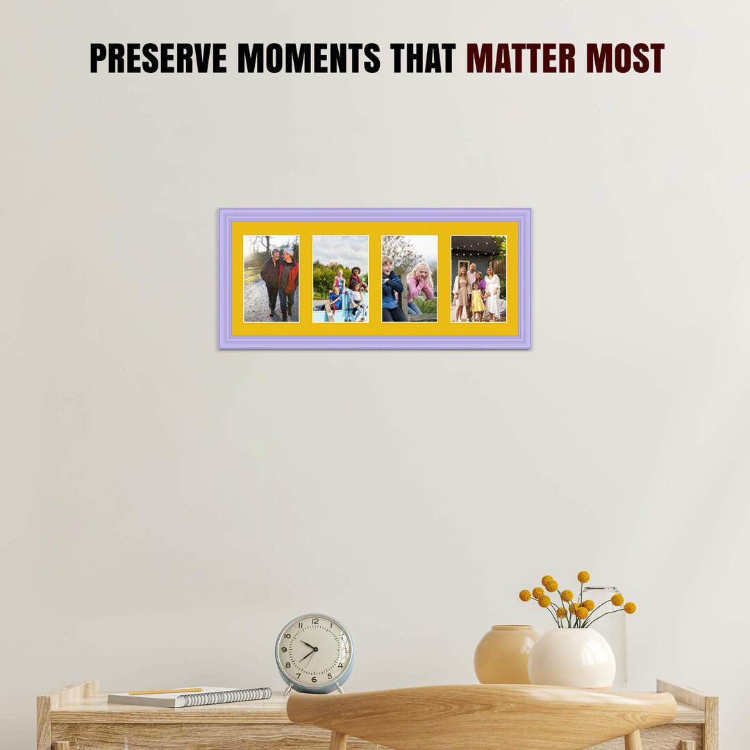 50x20cm Purple Classic Multi Aperture Photo Frame Holds 6x4" (x4) Photos With Bright Yellow Mount | Modern Collage Frame thumbnail 2