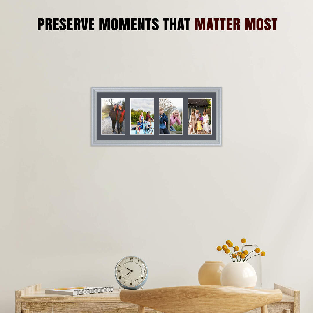 50x20cm Silver Classic Multi Aperture Photo Frame Holds 6x4" (x4) Photos With Charcoal Grey Mount | Modern Collage Frame thumbnail 2