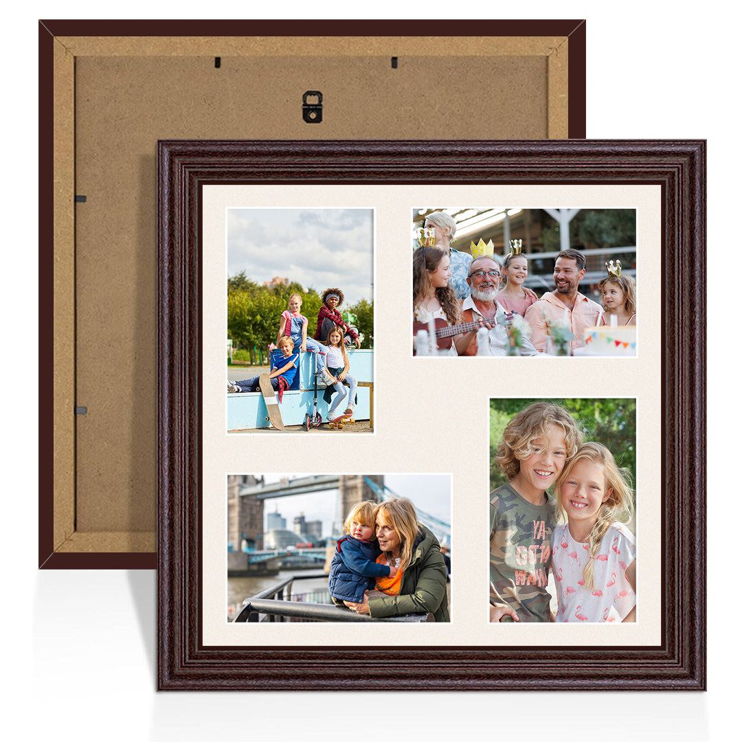 12x12" Rose Wood Classic Multi Aperture Photo Frame Holds 6x4" (x4) Photos With Antique White Mount | Modern Collage Frame