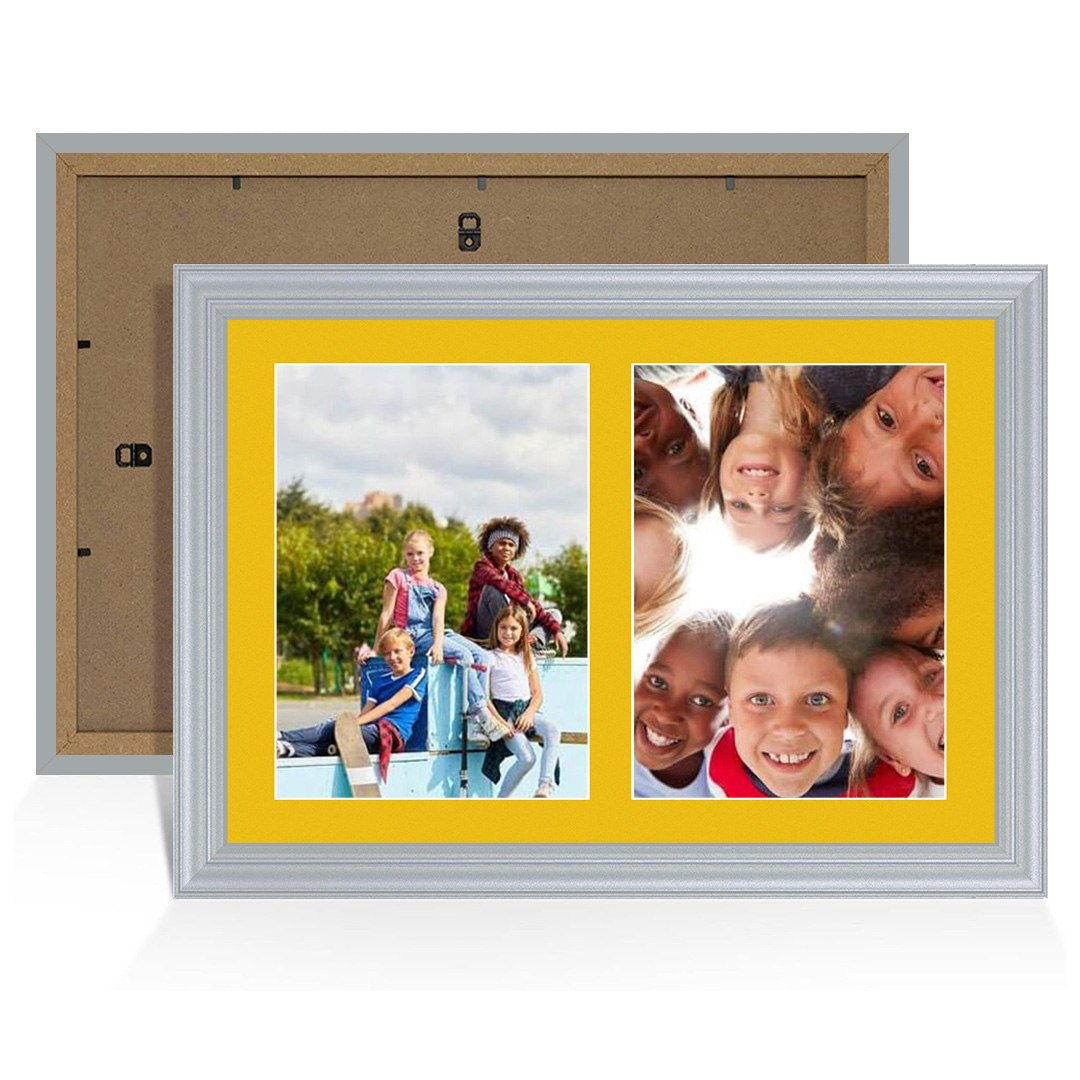 20x14" Silver Classic Multi Aperture Photo Frame Holds A4 (x2) Photos With Bright Yellow Mount | Modern Collage Frame