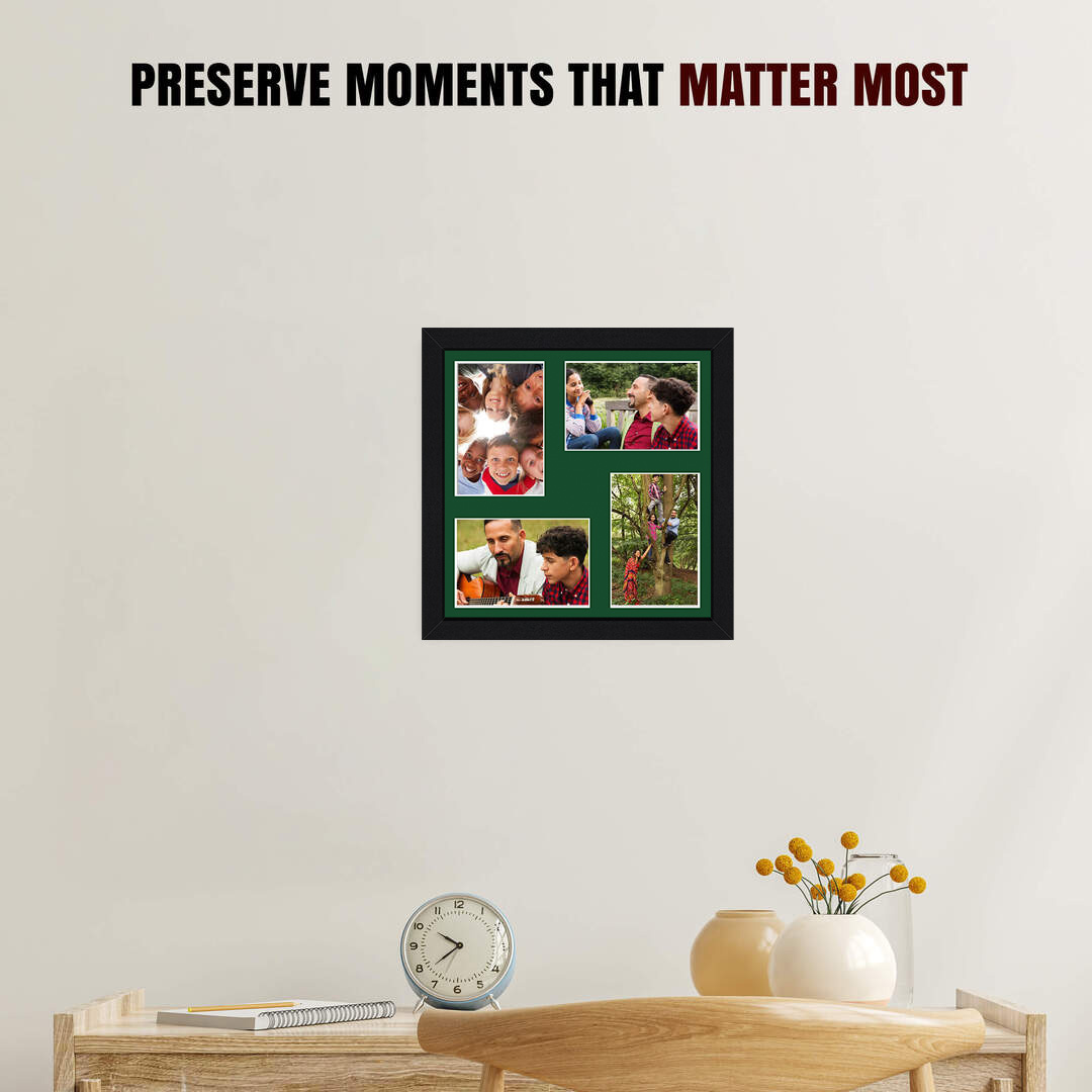 12x12" Black Sleek Multi Aperture Photo Frame Holds 6x4" (x4) Photos With Forest Green Mount | Modern Collage Frame thumbnail 2