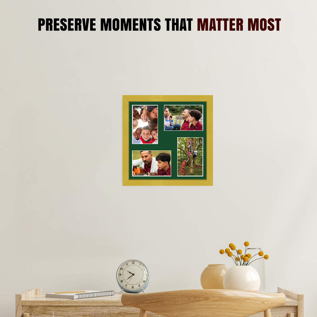 12x12" Gold Sleek Multi Aperture Photo Frame Holds 6x4" (x4) Photos With Forest Green Mount | Modern Collage Frame thumbnail 2