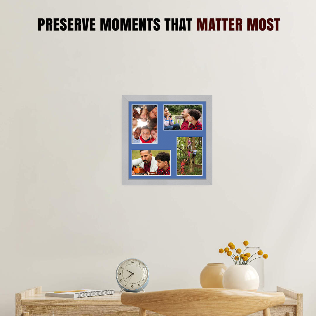 12x12" Silver Sleek Multi Aperture Photo Frame Holds 6x4" (x4) Photos With Pacific Blue Mount | Modern Collage Frame thumbnail 2