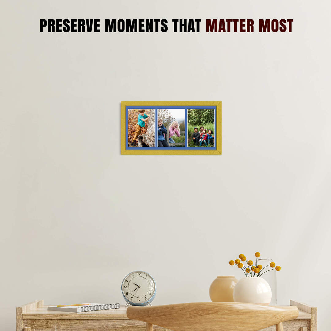 16x8" Gold Sleek Multi Aperture Photo Frame Holds 7x5" (x3) Photos With Pacific Blue Mount | Modern Collage Frame thumbnail 2